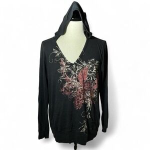 Y2K Black V Neck Rhinestone Floral Embellished Long‎ Sleeve Hoodie Grunge